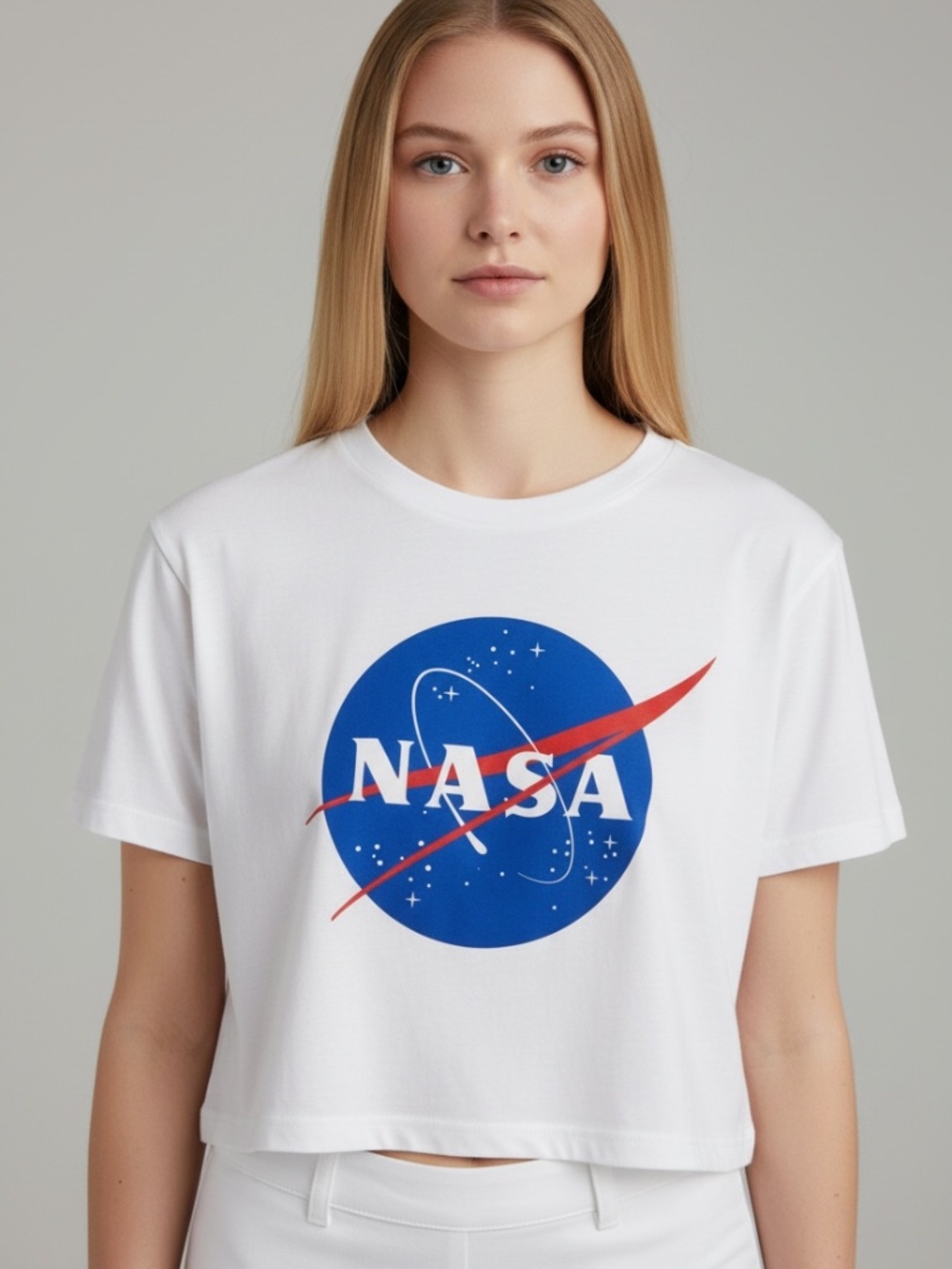 ROMWE White NASA Graphic Crop Top Tee Size Medium